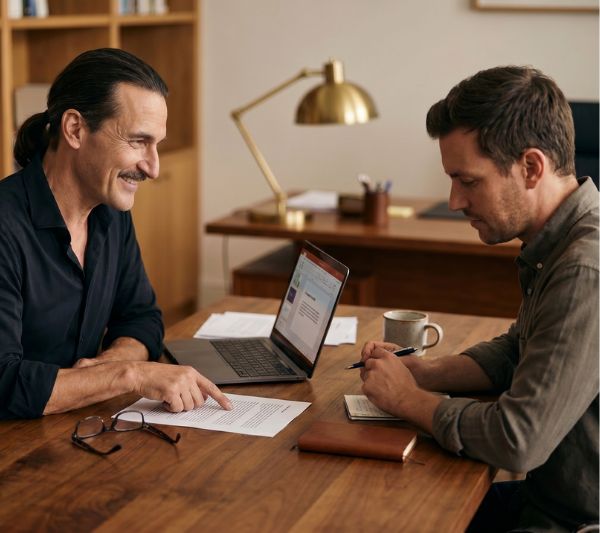 Dance studio business coaching with Gideon Stander in Centurion Gideon Stander coaching a dance studio owner through a marketing plan with a laptop and printed reports on the table, Centurion