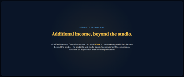 House of Dance LABDS affiliate programme — VanX reseller House of Dance LABDS affiliate programme tile explaining that qualified instructors can resell the VanX marketing platform for recurring monthly income