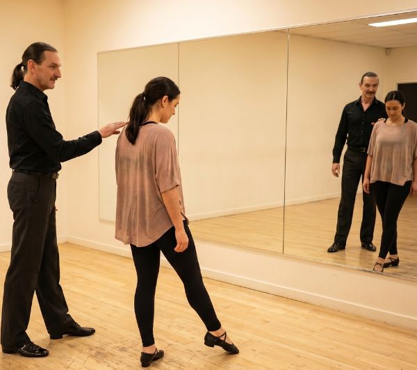 Learn to teach social dance in Pretoria — mirror practice with Gideon Dance instructor Gideon Stander correcting a trainee's posture during a mirror-practice session at House of Dance LABDS, Centurion