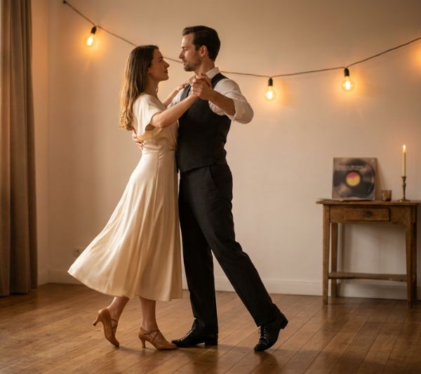 Couple practising their choreographed wedding first dance in closed Waltz hold at House of Dance LABDS, Centurion